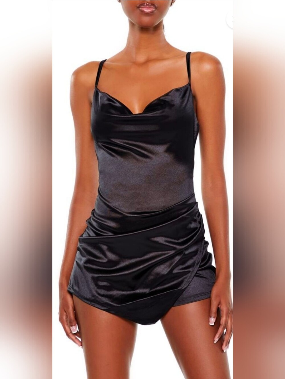 Forever 21 Women's Black Satin Cowl Slip Dress With Built In Shorts Size L NWT